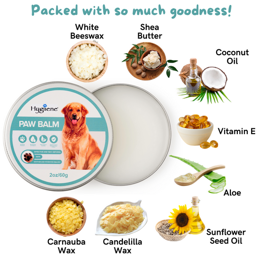 image of HYGIIENE paw balm ingredients: white beeswax, shea butter, coconut oil, vitamin E, aloe, sunflower seed oil, candelilla wax, carnauba wax