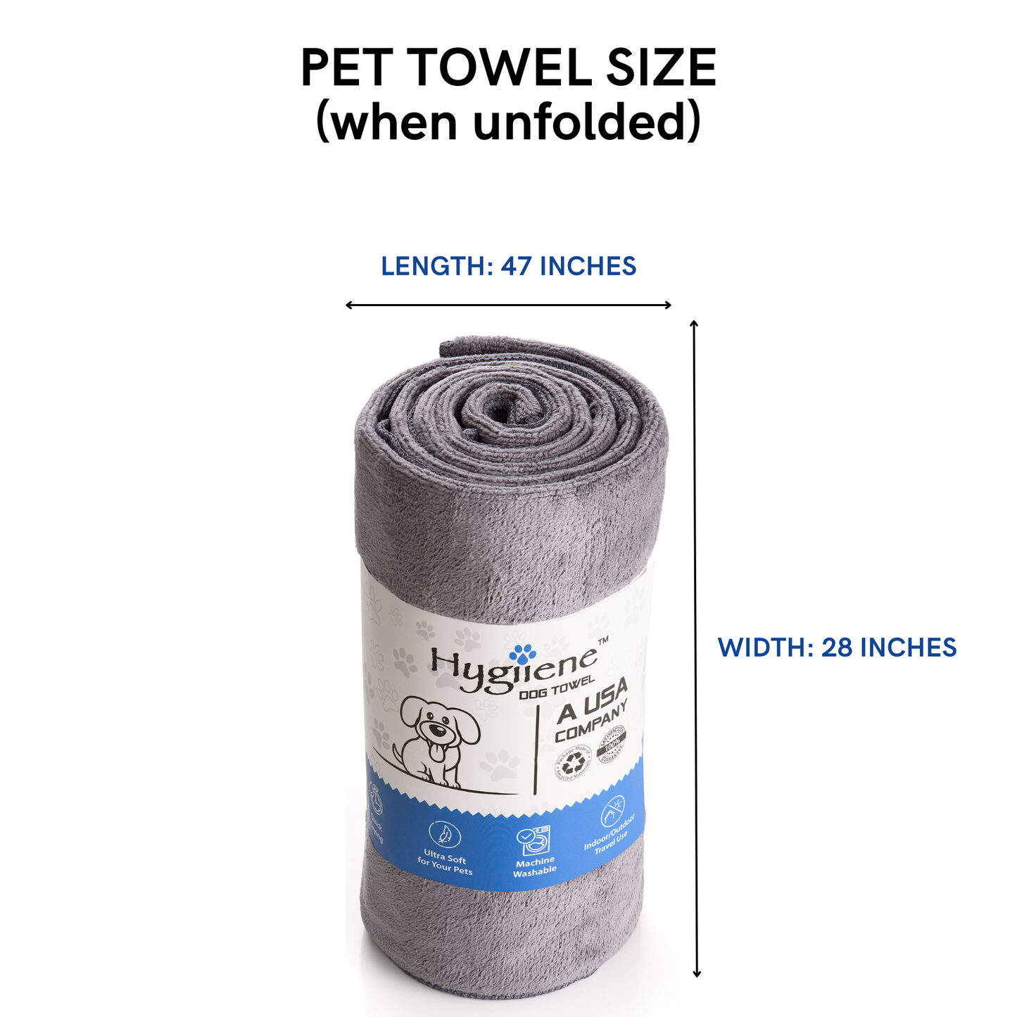 image of HYGIIENE pet towel with size dimensions when unfolded 47 inches length by 28 inches wide