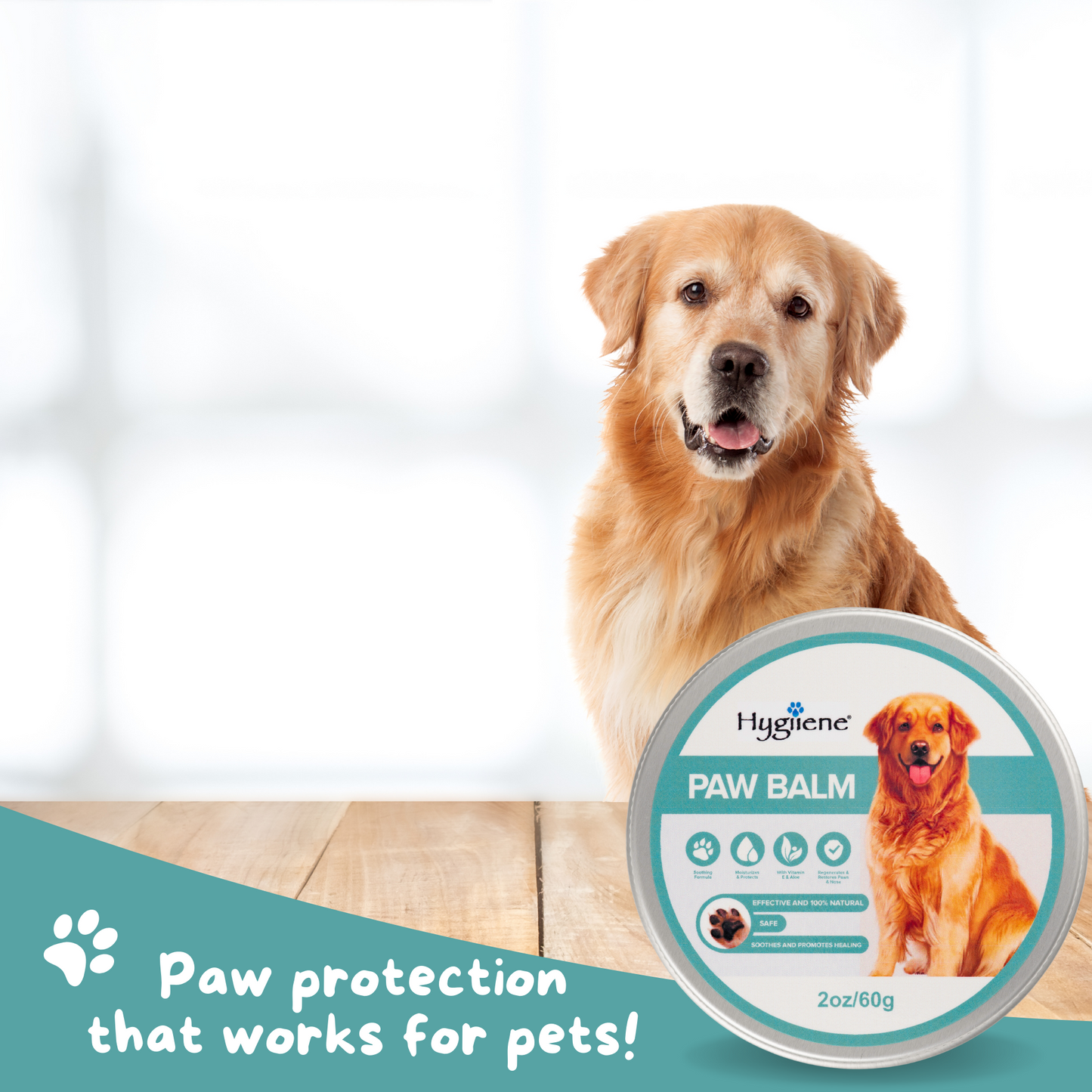 image of dog next to HYGIIENE paw balm