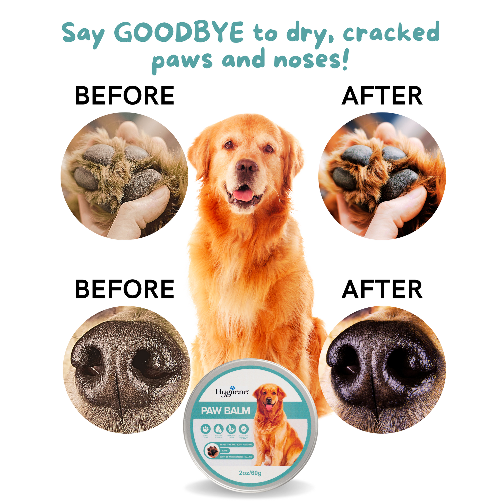 image of HYGIIENE paw balm before and after effects of dry cracked paws and noses