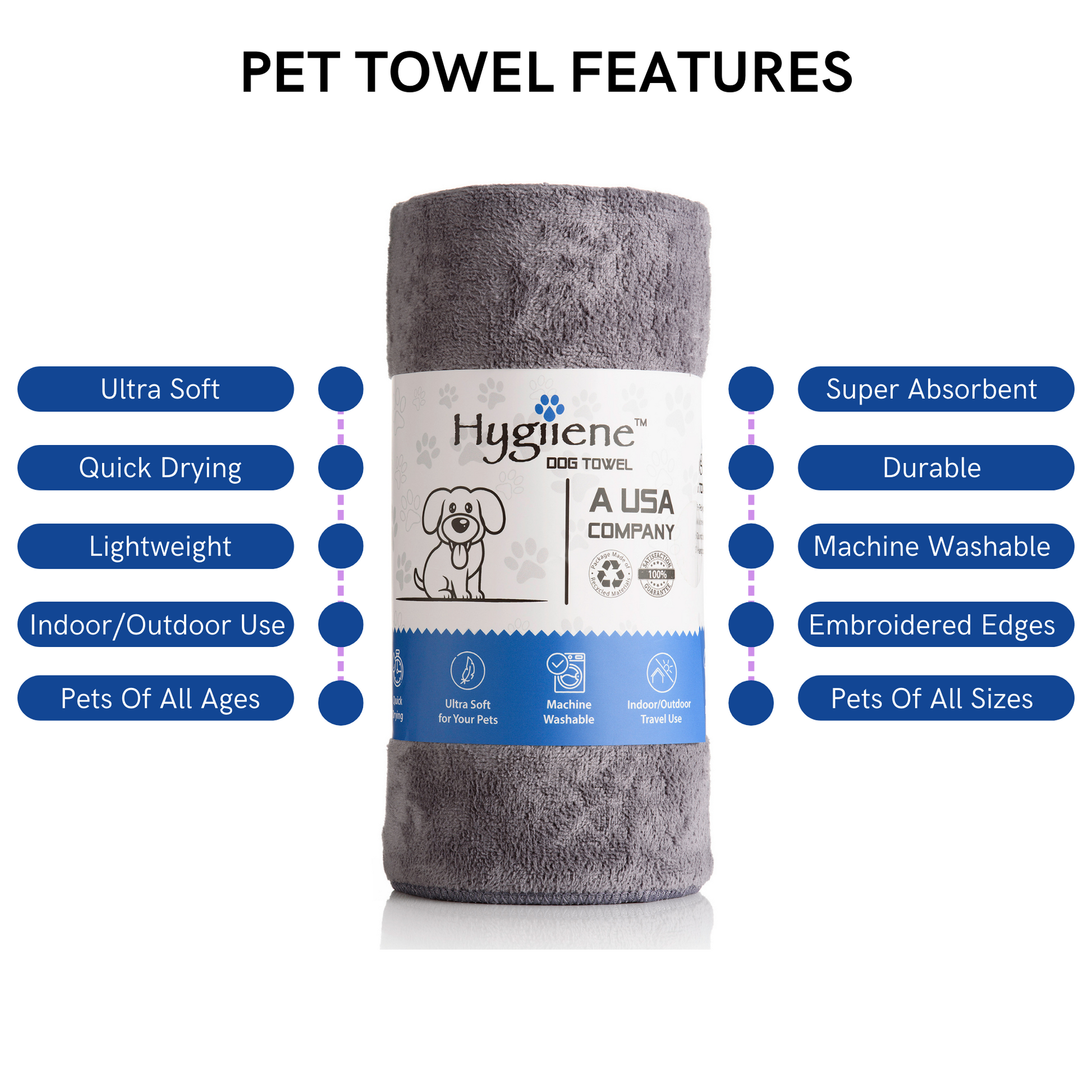 image of HYGIIENE pet towel features: ultra soft pet towel, quick drying pet towel, lightweight pet towel, indoor and outdoor pet towel, super absorbent pet towel, durable pet towel, machine washable pet towel, embroidered edges pet towel, pet towel for pets of all ages and pet sizes